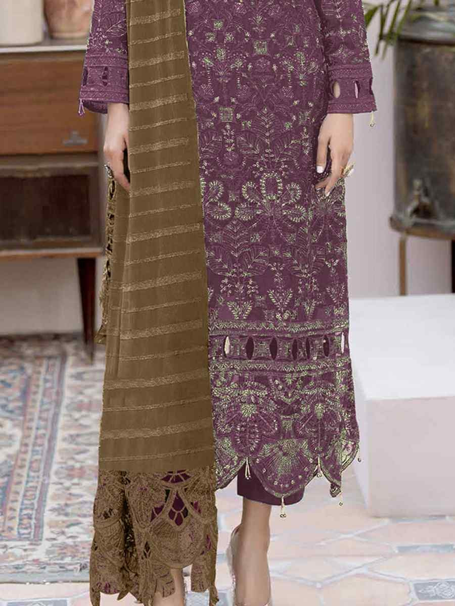 Purple Faux Georgette Embroidered Festival Wedding Pant Salwar Kameez