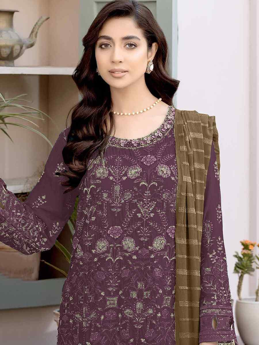 Purple Faux Georgette Embroidered Festival Wedding Pant Salwar Kameez