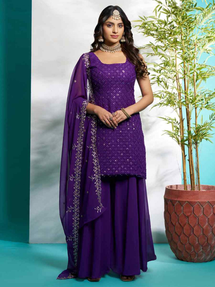 Purple Faux Georgette Embroidered Festival Wedding Ready Palazzo Pant Salwar Kameez