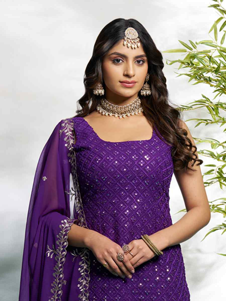 Purple Faux Georgette Embroidered Festival Wedding Ready Palazzo Pant Salwar Kameez