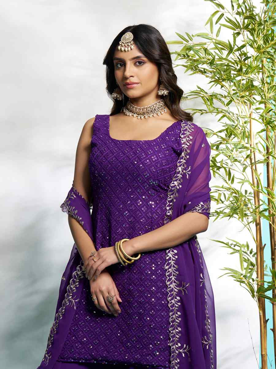 Purple Faux Georgette Embroidered Festival Wedding Ready Palazzo Pant Salwar Kameez