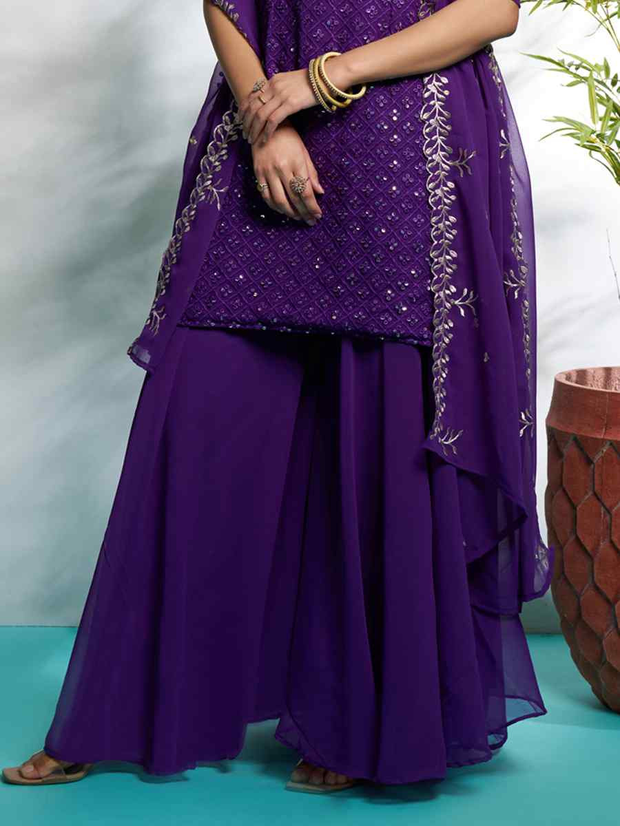 Purple Faux Georgette Embroidered Festival Wedding Ready Palazzo Pant Salwar Kameez