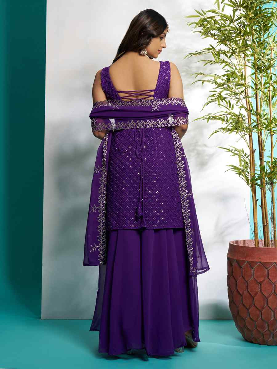 Purple Faux Georgette Embroidered Festival Wedding Ready Palazzo Pant Salwar Kameez