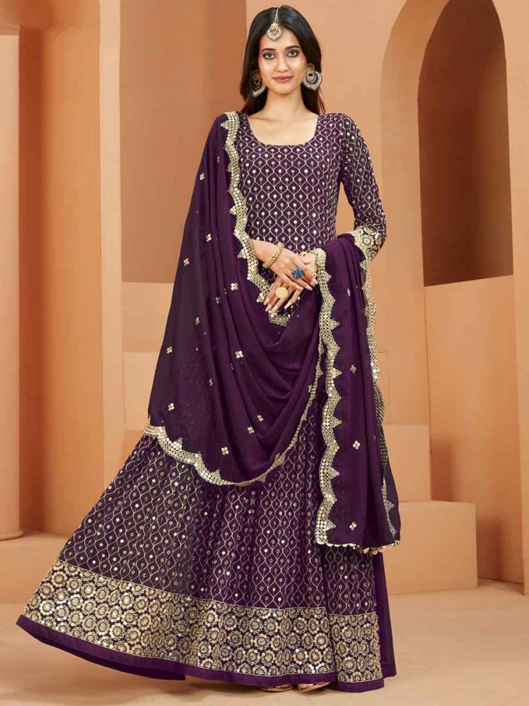 Purple Faux Georgette Embroidered Wedding Festival Anarkali Salwar Kameez