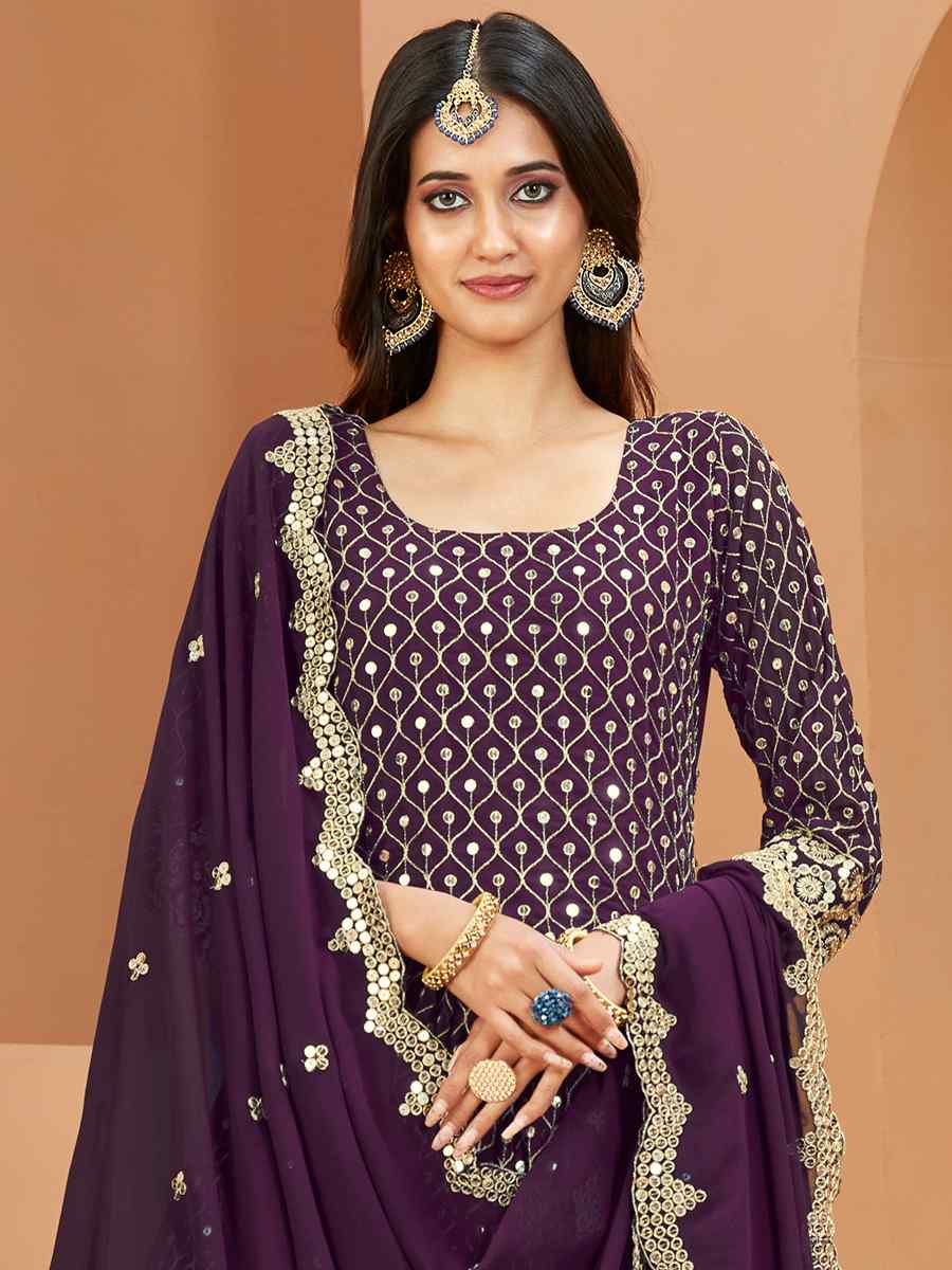 Purple Faux Georgette Embroidered Wedding Festival Anarkali Salwar Kameez