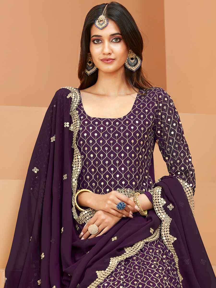 Purple Faux Georgette Embroidered Wedding Festival Anarkali Salwar Kameez