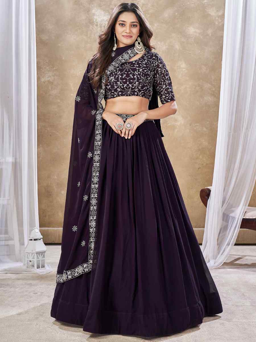 Purple Faux Georgette Embroidery Reception Party Wear Heavy Border Lehenga Choli