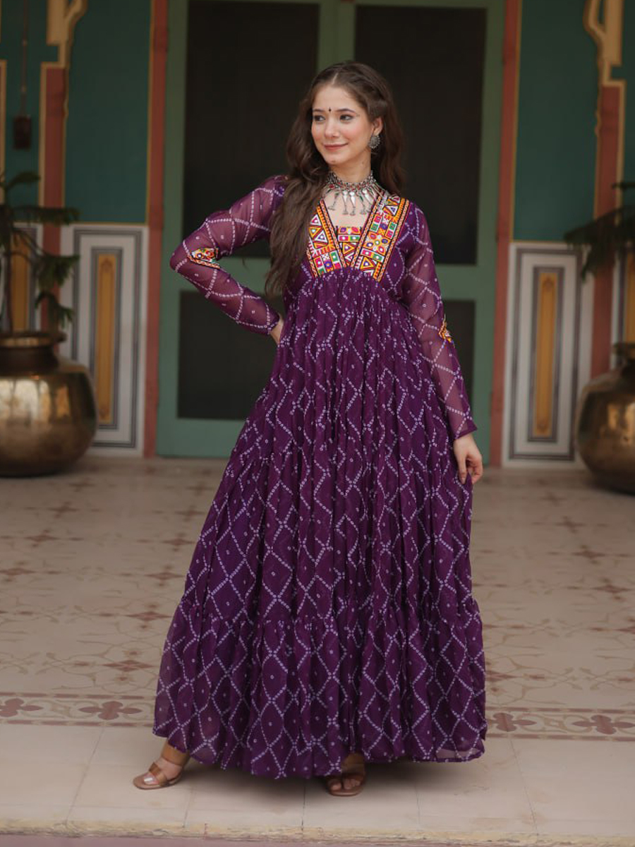 Purple Faux Georgette Printed Festival Casual Gown