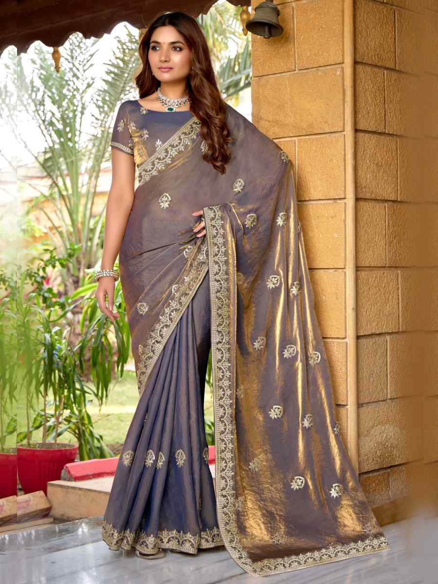 Purple Fendi Chiffon Embroidered Casual Festival Wedding Heavy Border Saree