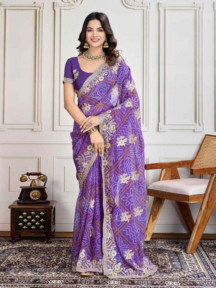 Purple Georgette Bandhej Embroidered Bridesmaid Reception Heavy Border Saree