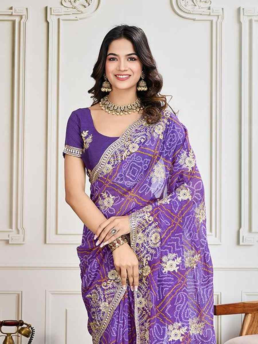 Purple Georgette Bandhej Embroidered Bridesmaid Reception Heavy Border Saree