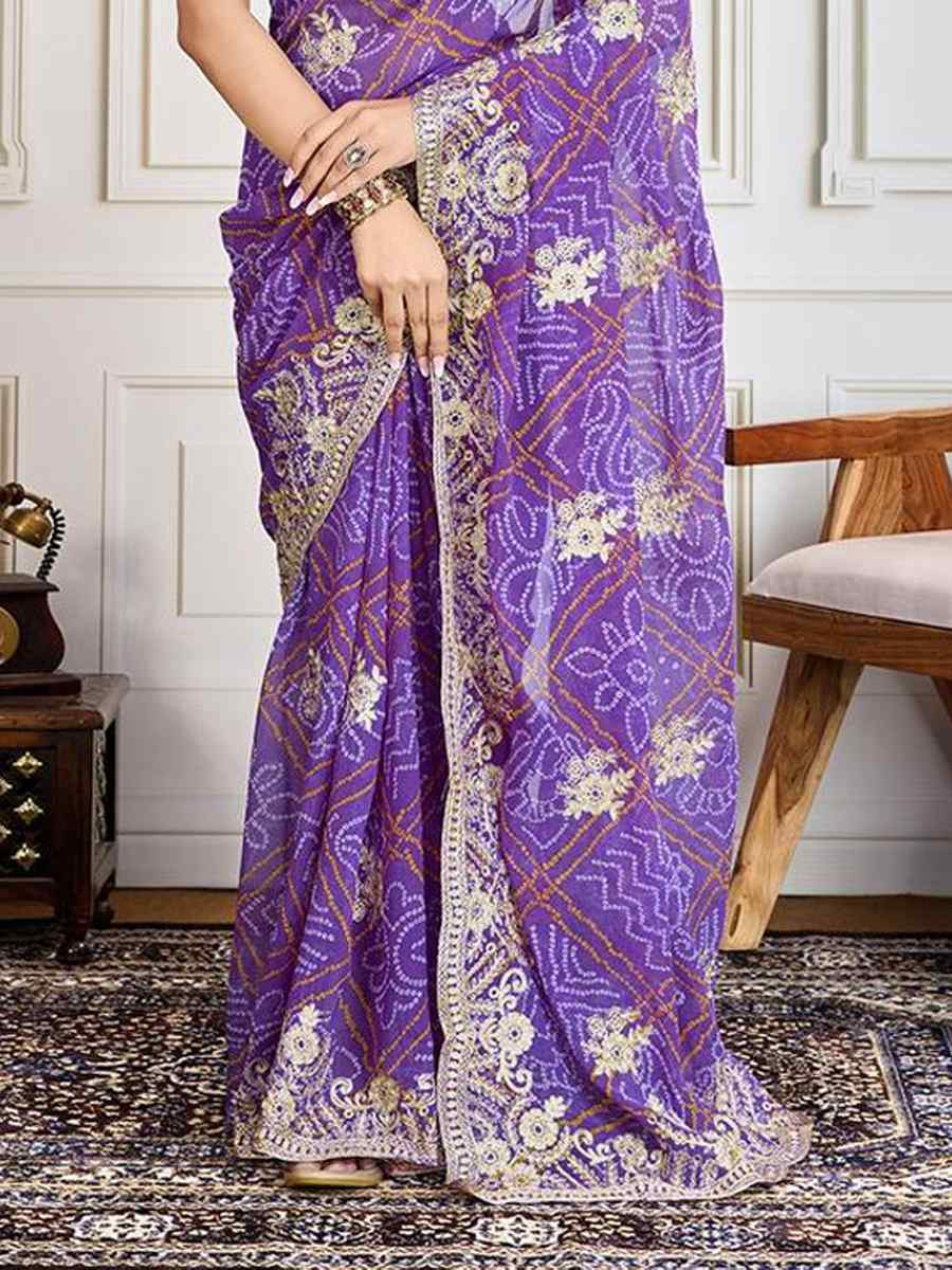 Purple Georgette Bandhej Embroidered Bridesmaid Reception Heavy Border Saree