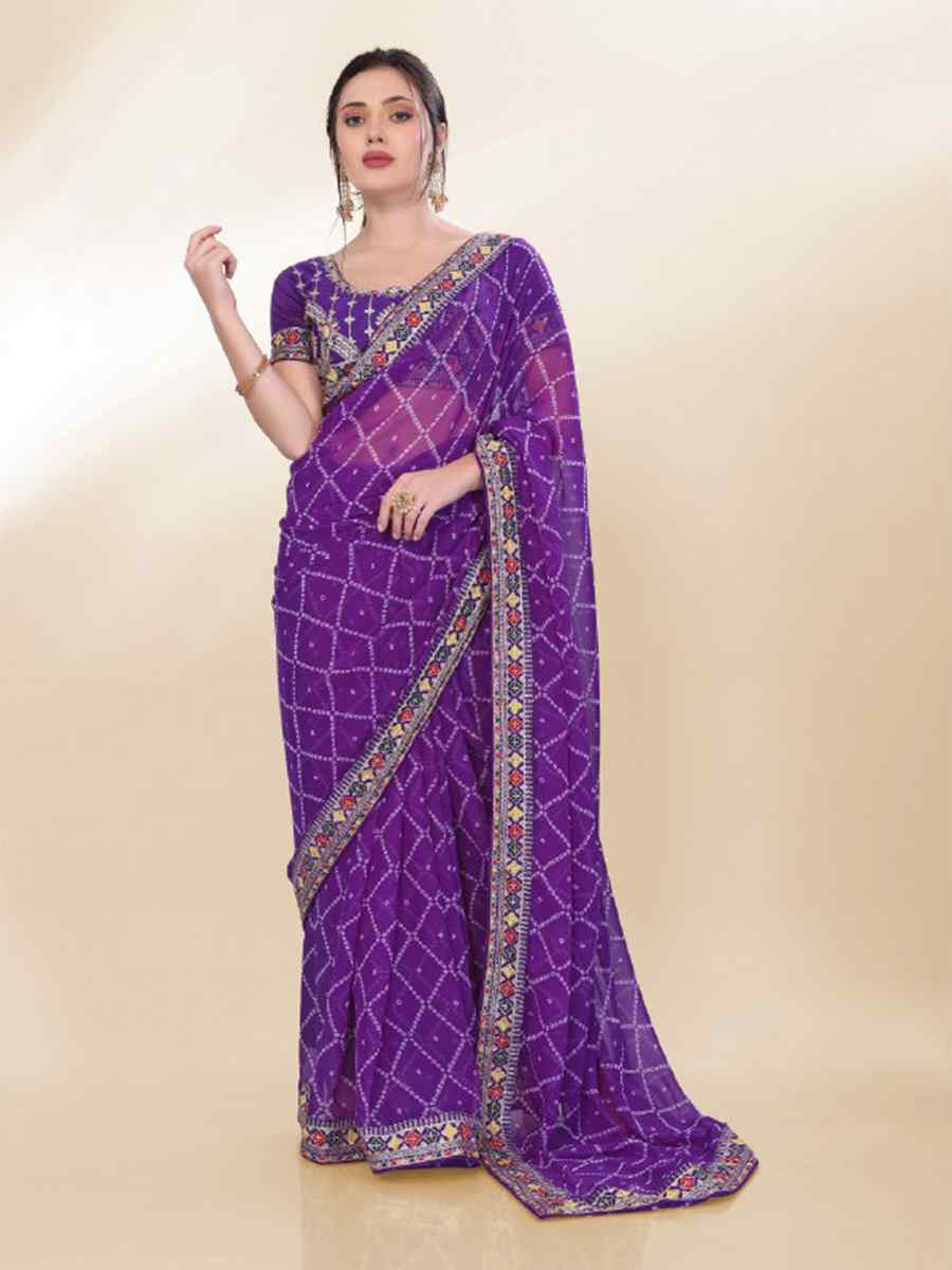 Purple Georgette Embroidered Bridesmaid Reception Heavy Border Saree