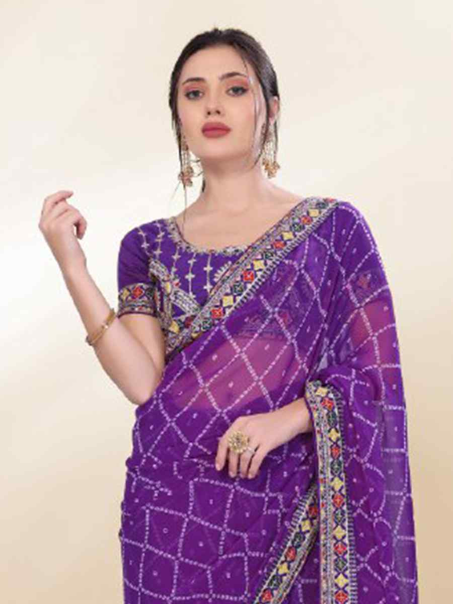 Purple Georgette Embroidered Bridesmaid Reception Heavy Border Saree