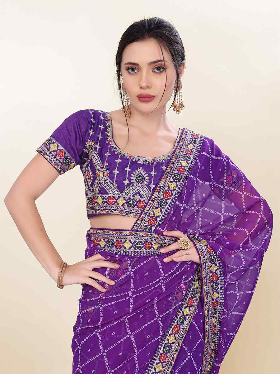 Purple Georgette Embroidered Bridesmaid Reception Heavy Border Saree