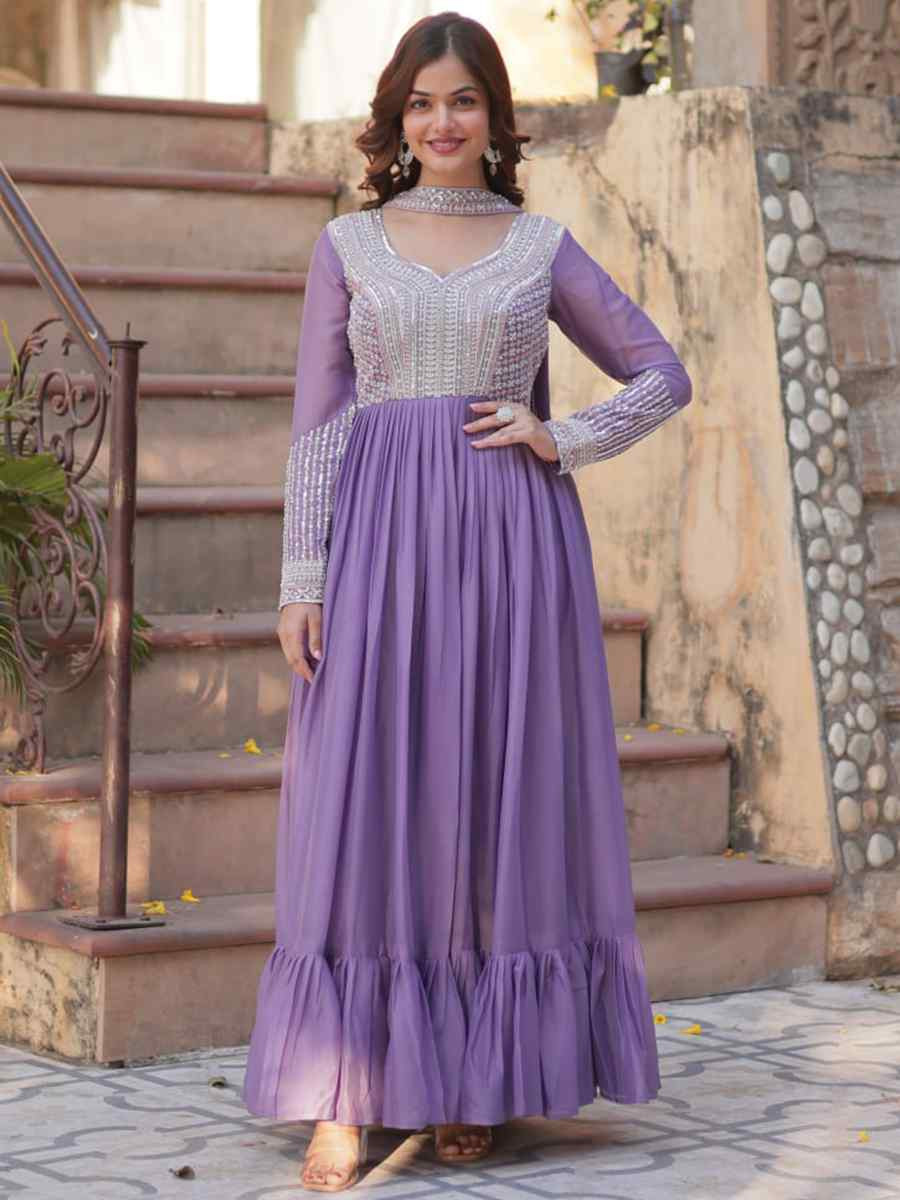 Purple Georgette Embroidered Festival Casual Gown