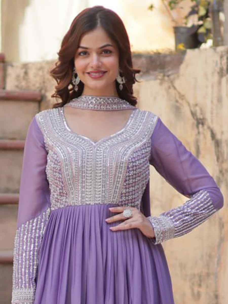 Purple Georgette Embroidered Festival Casual Gown