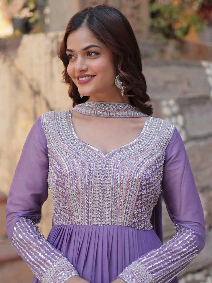 Purple Georgette Embroidered Festival Casual Gown