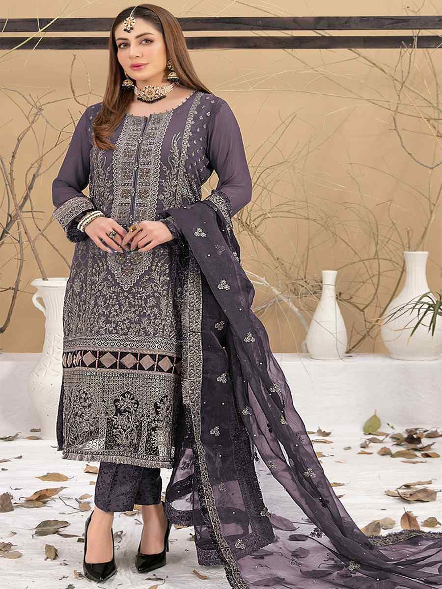 Purple Georgette Embroidered Festival Casual Pant Salwar Kameez