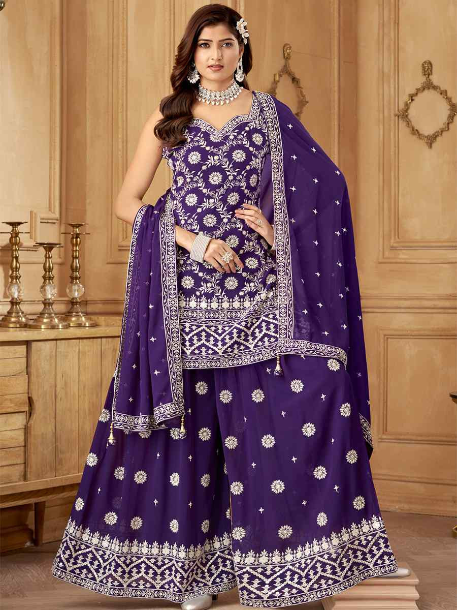 Purple Georgette Embroidered Festival Casual Ready Palazzo Pant Salwar Kameez