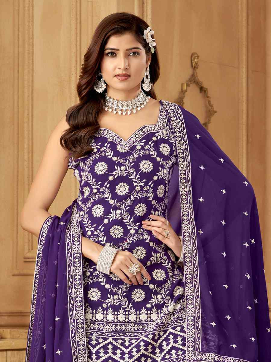 Purple Georgette Embroidered Festival Casual Ready Palazzo Pant Salwar Kameez