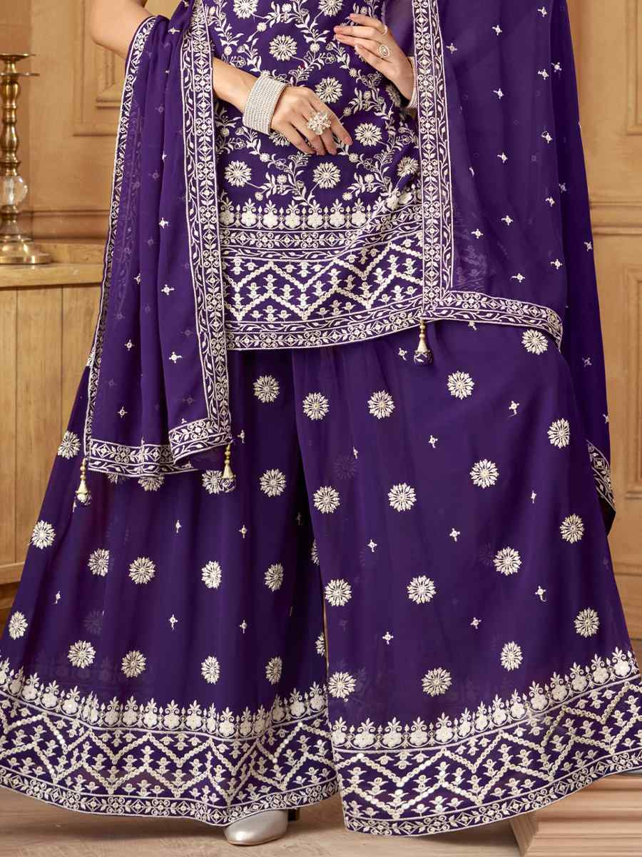 Purple Georgette Embroidered Festival Casual Ready Palazzo Pant Salwar Kameez