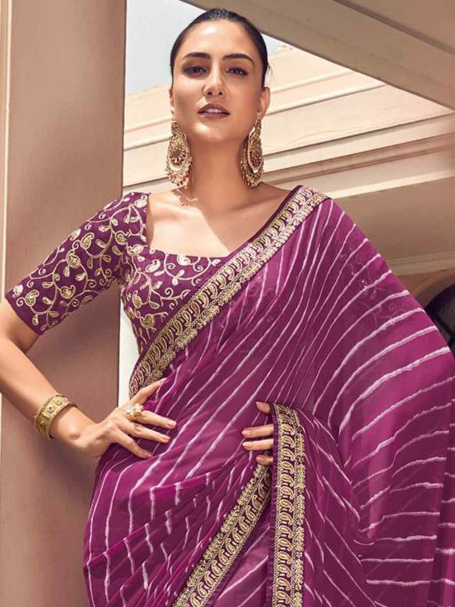 Purple Georgette Embroidered Festival Party Classic Style Saree