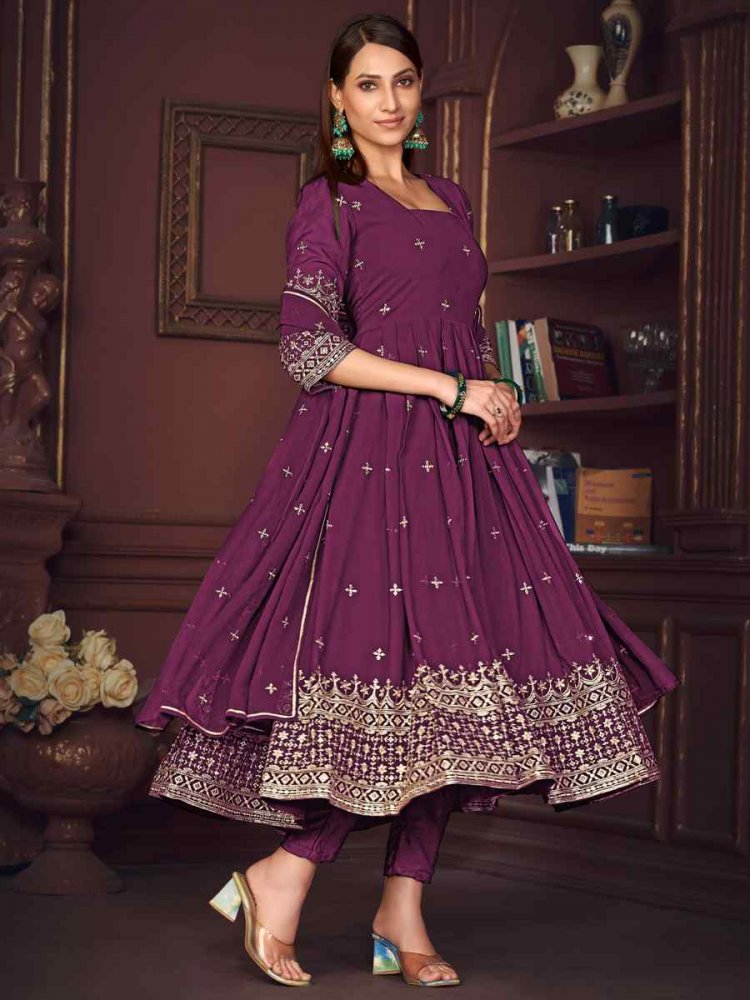 Purple Georgette Embroidered Festival Wedding Anarkali Salwar Kameez