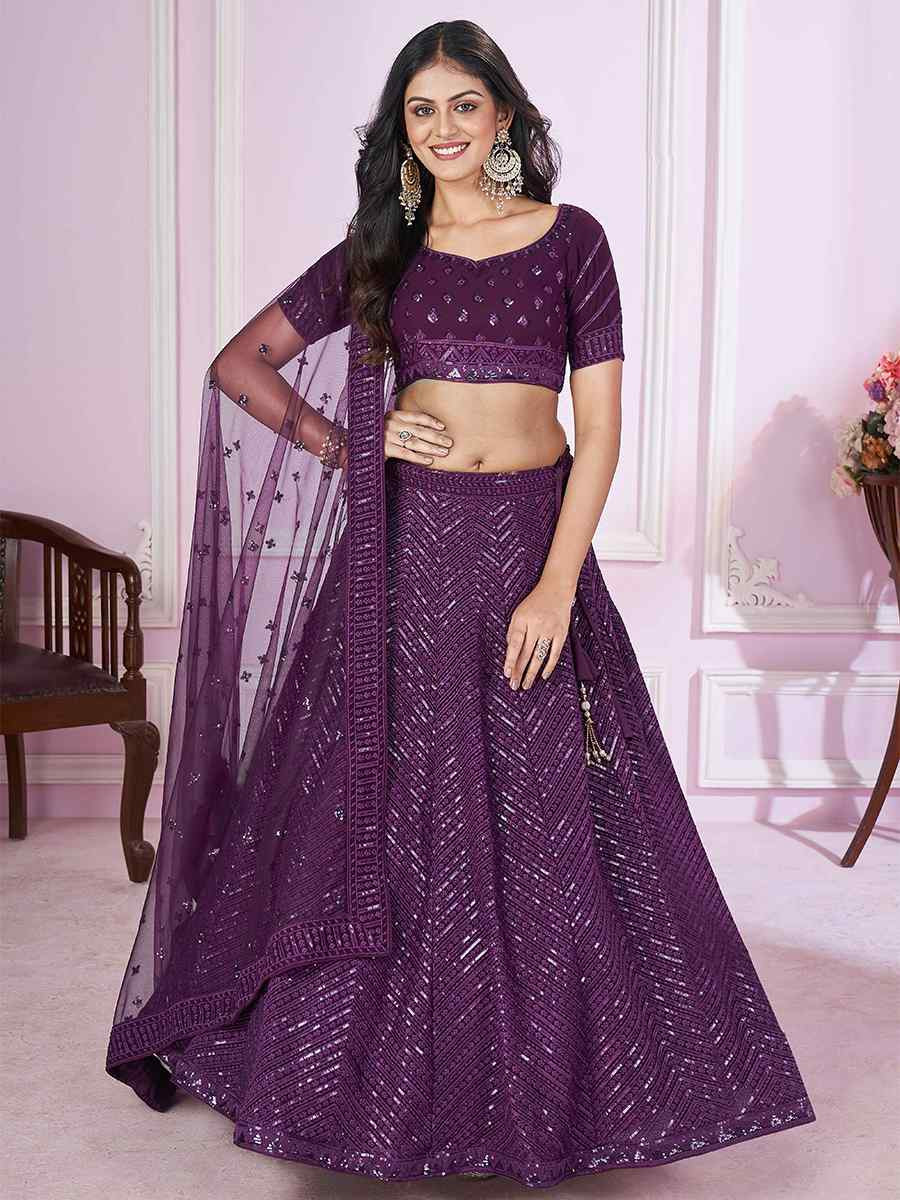 Purple Georgette Embroidered Festival Wedding Heavy Border Lehenga Choli