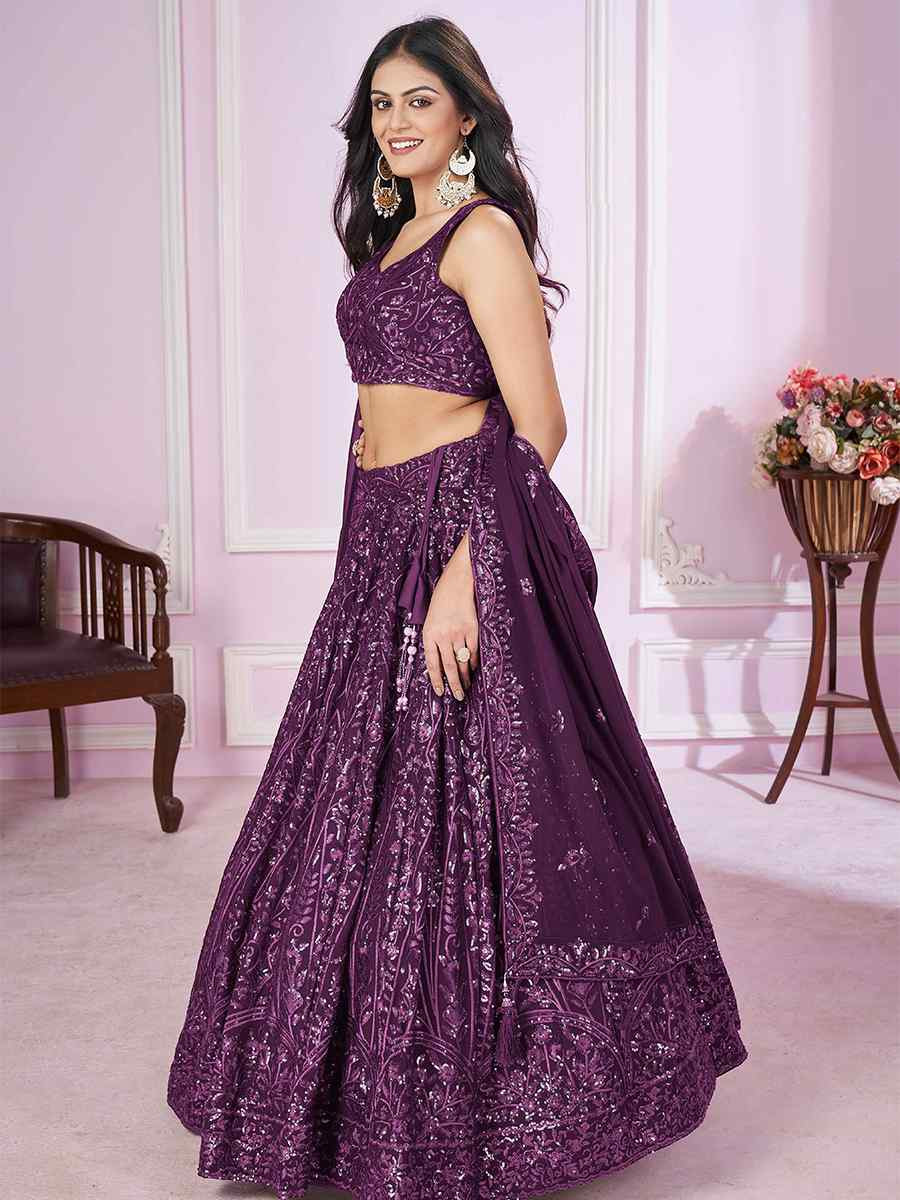 Purple Georgette Embroidered Festival Wedding Heavy Border Lehenga Choli