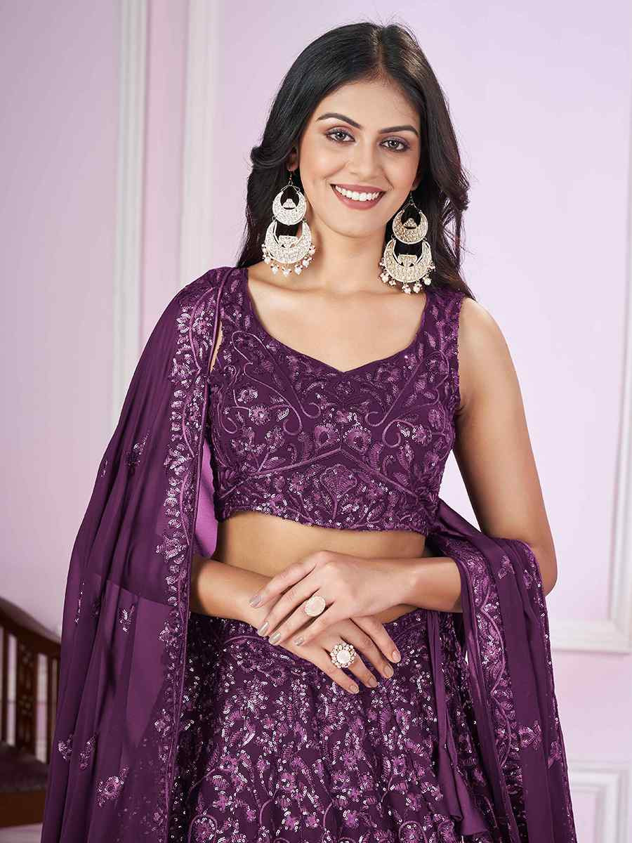 Purple Georgette Embroidered Festival Wedding Heavy Border Lehenga Choli