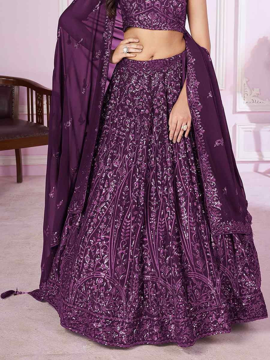 Purple Georgette Embroidered Festival Wedding Heavy Border Lehenga Choli