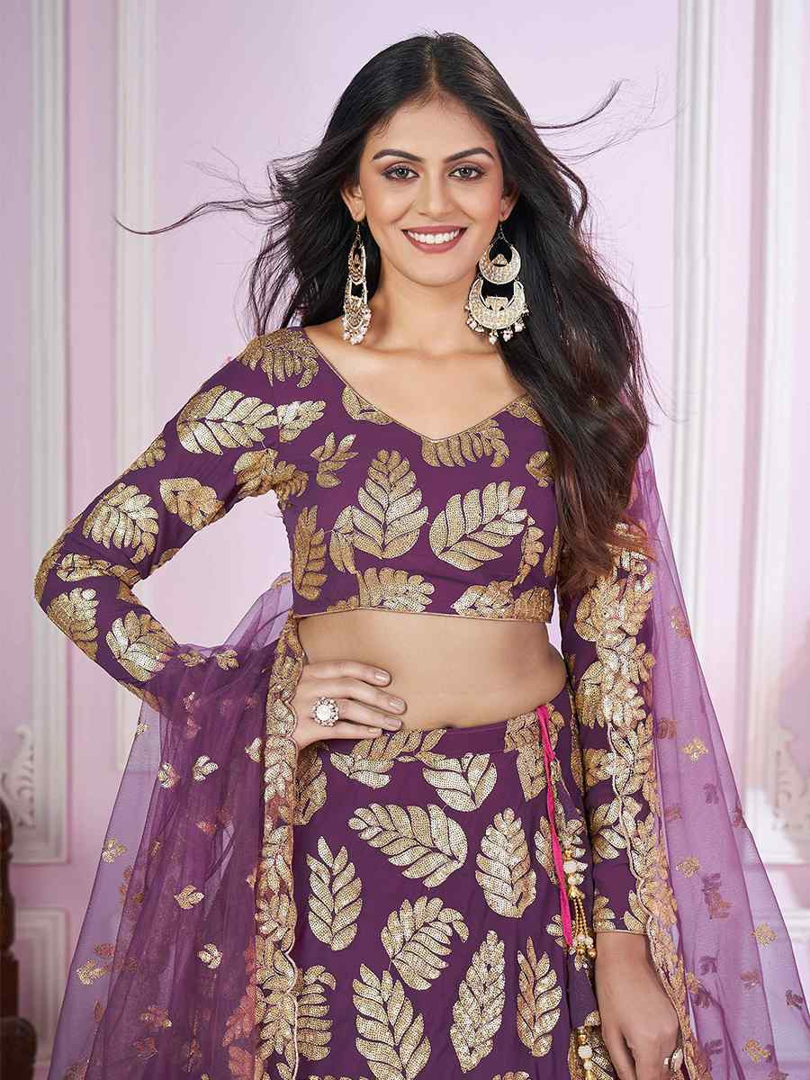 Purple Georgette Embroidered Festival Wedding Heavy Border Lehenga Choli