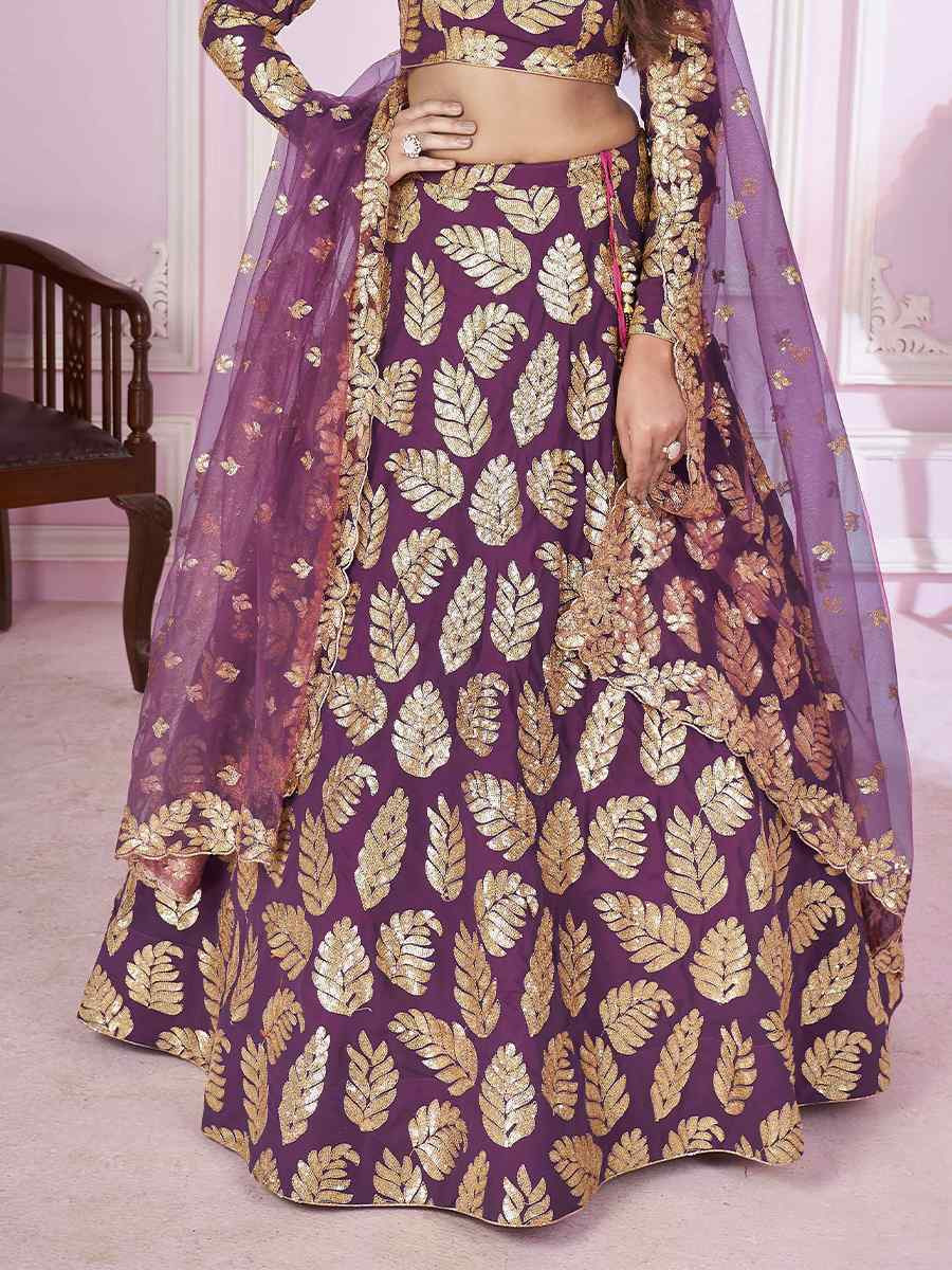 Purple Georgette Embroidered Festival Wedding Heavy Border Lehenga Choli