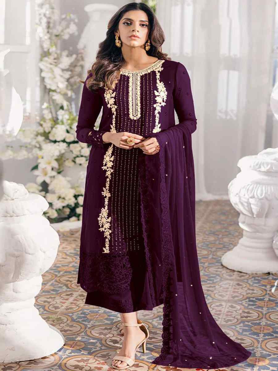 Purple Georgette Embroidered Festival Wedding Pant Salwar Kameez