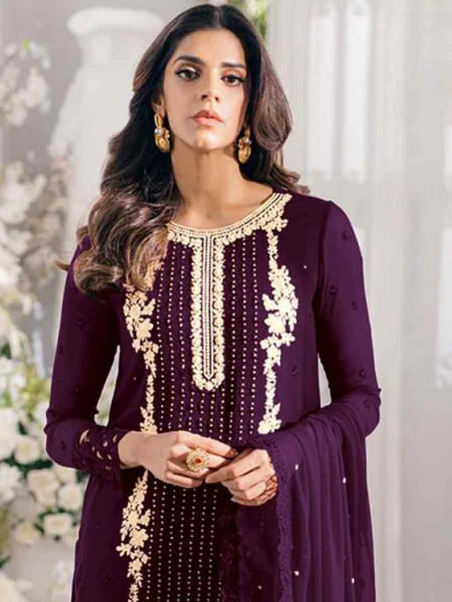 Purple Georgette Embroidered Festival Wedding Pant Salwar Kameez