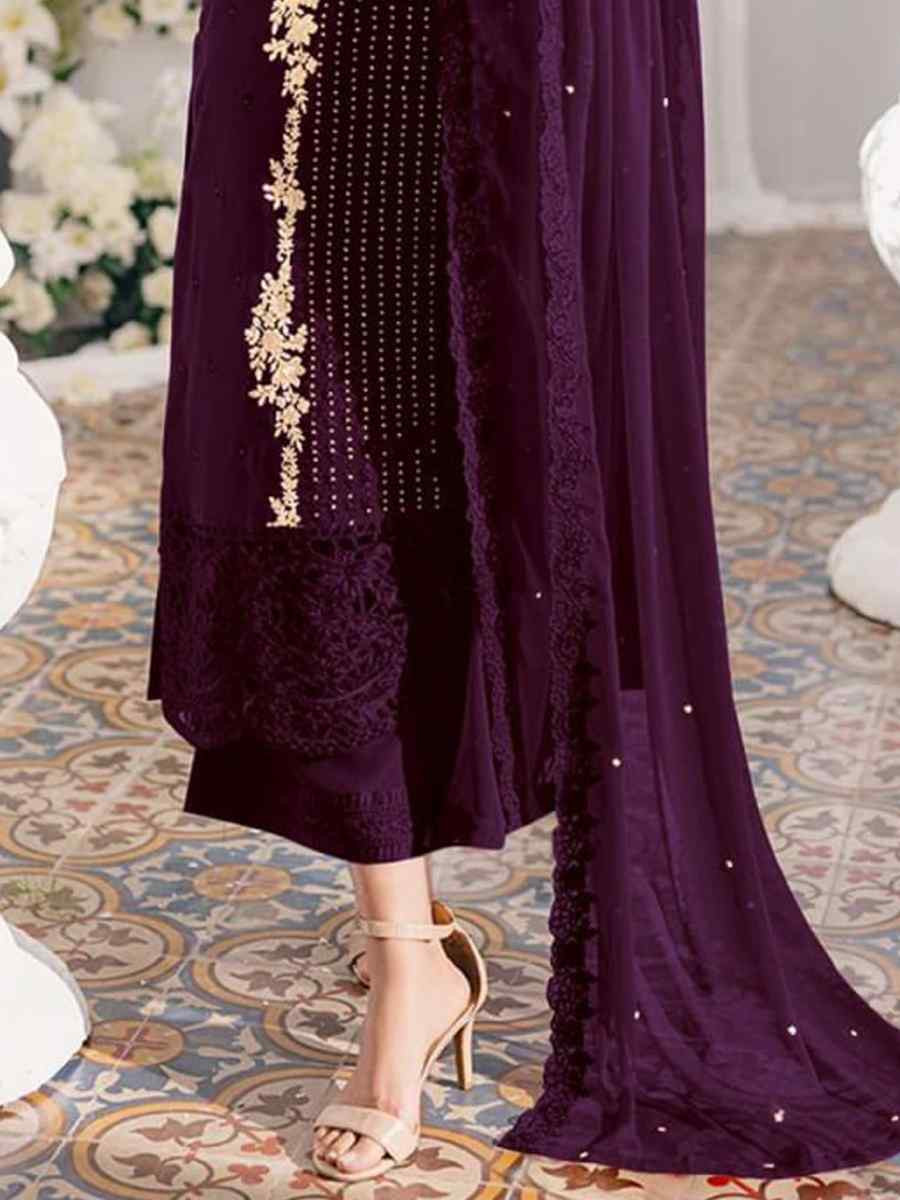 Purple Georgette Embroidered Festival Wedding Pant Salwar Kameez