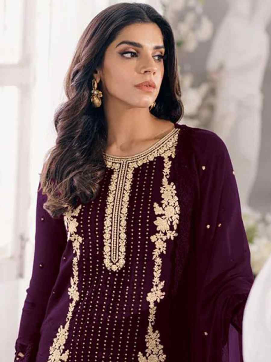 Purple Georgette Embroidered Festival Wedding Pant Salwar Kameez