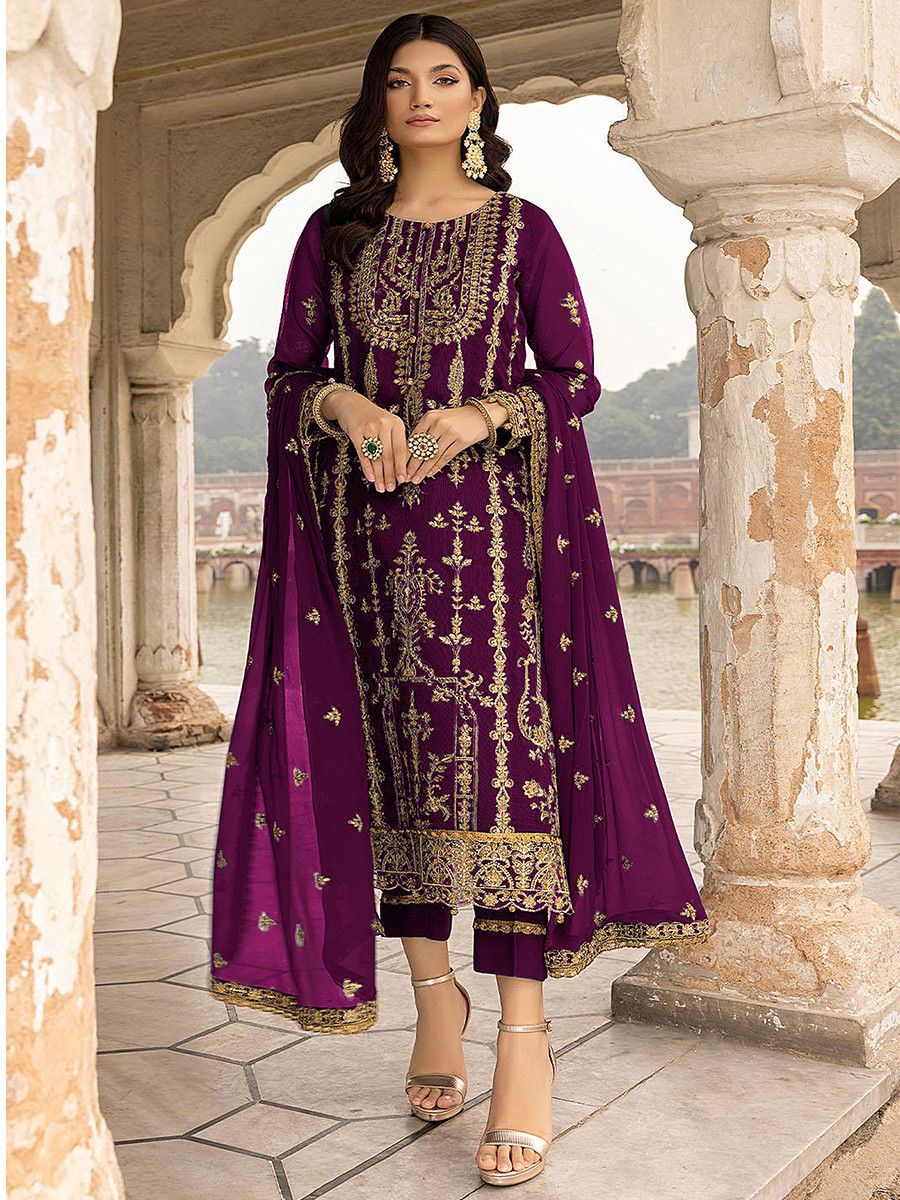 Purple Georgette Embroidered Festival Wedding Pant Salwar Kameez