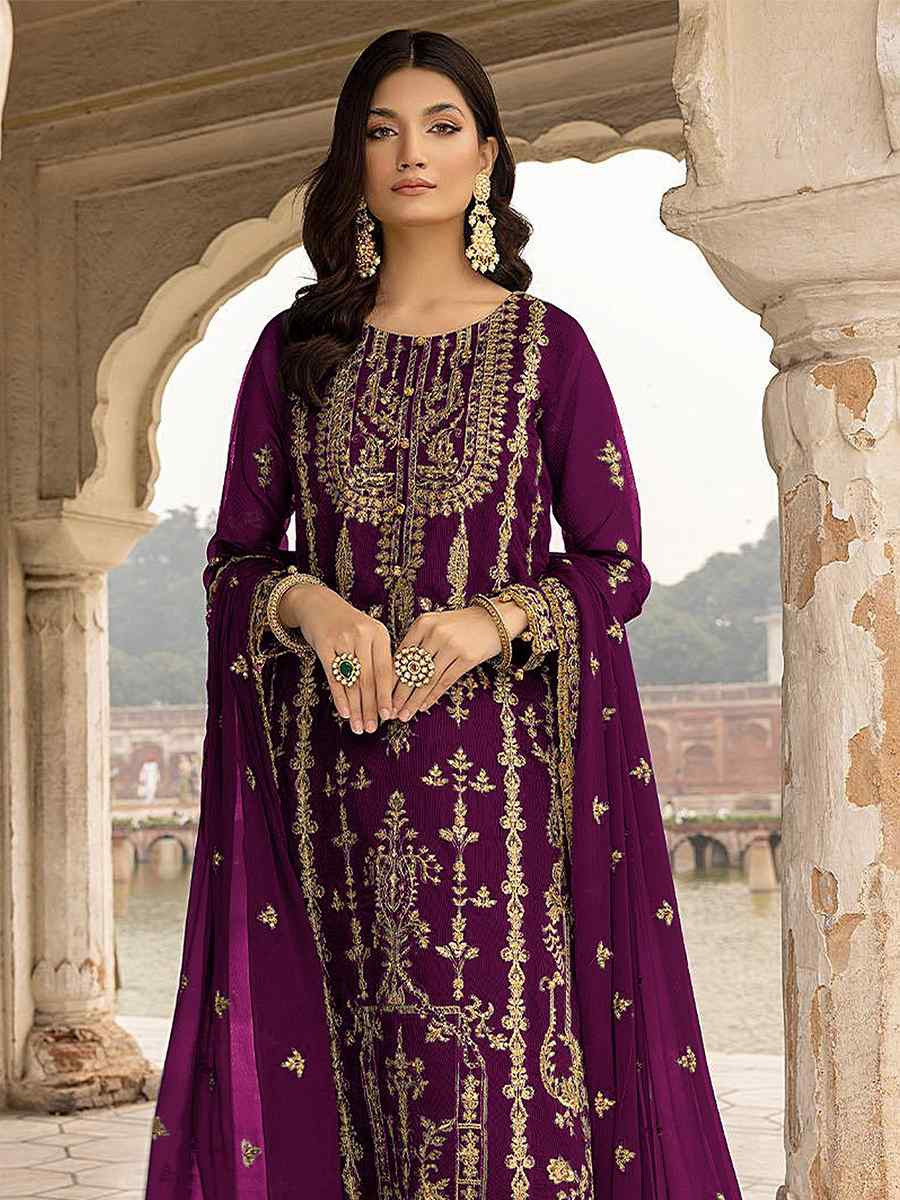 Purple Georgette Embroidered Festival Wedding Pant Salwar Kameez