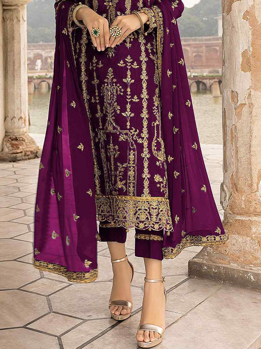 Purple Georgette Embroidered Festival Wedding Pant Salwar Kameez