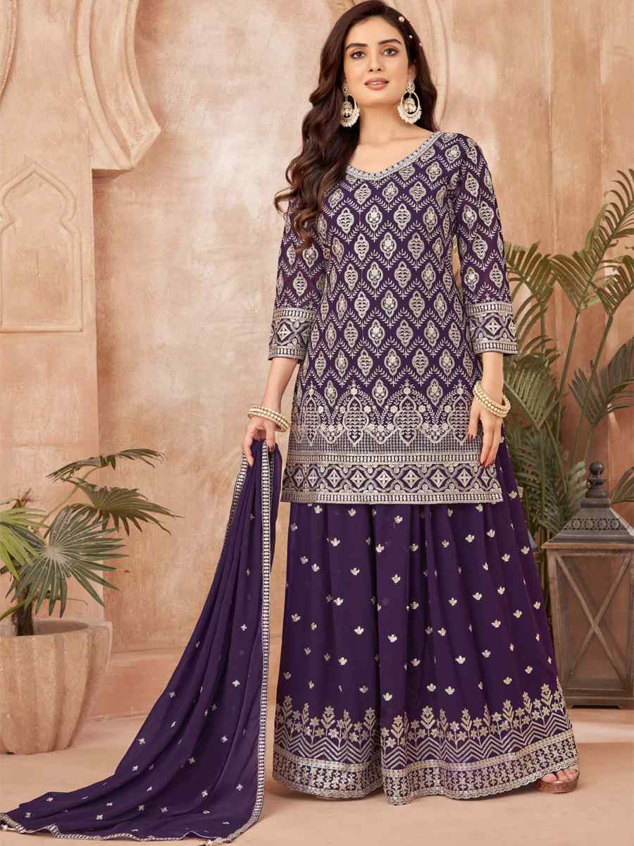 Purple Georgette Embroidered Festival Wedding Ready Palazzo Pant Salwar Kameez