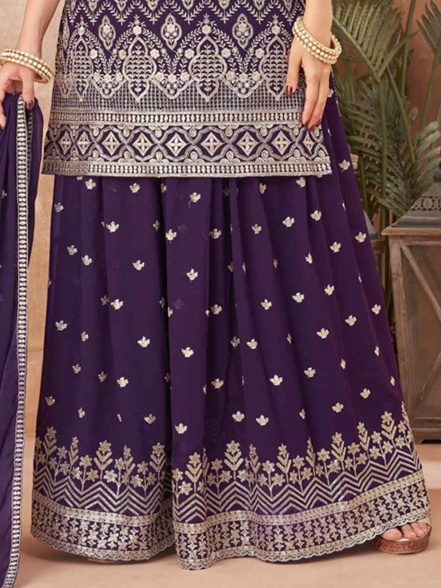 Purple Georgette Embroidered Festival Wedding Ready Palazzo Pant Salwar Kameez