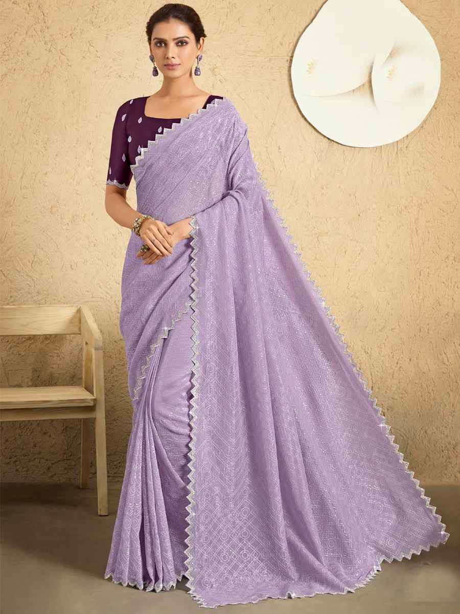 Purple Georgette Embroidered Reception Party Heavy Border Saree