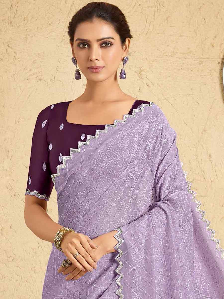 Purple Georgette Embroidered Reception Party Heavy Border Saree