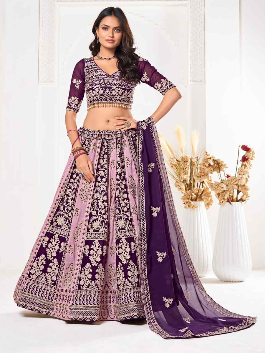 Purple Georgette Embroidered Wedding Party Wear Heavy Border Lehenga Choli