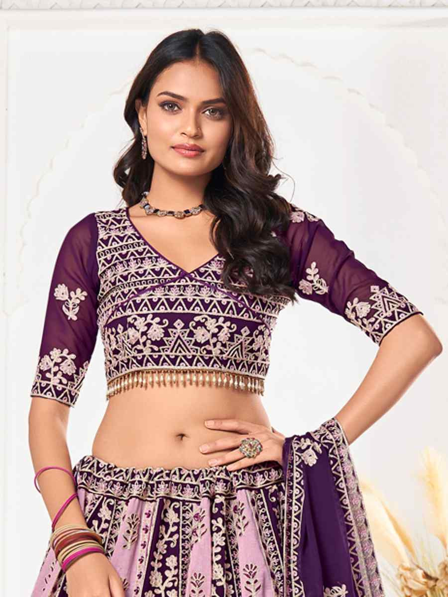 Purple Georgette Embroidered Wedding Party Wear Heavy Border Lehenga Choli