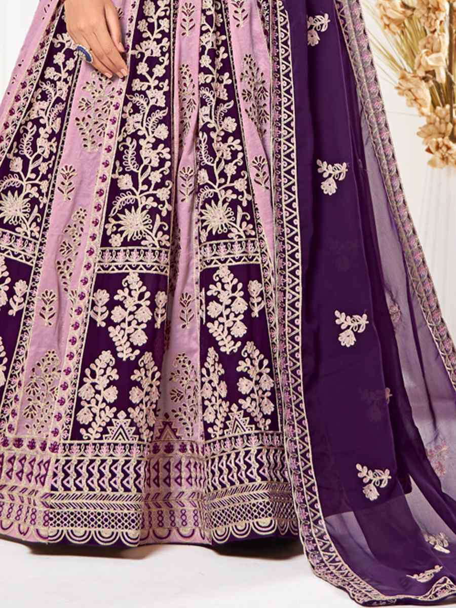 Purple Georgette Embroidered Wedding Party Wear Heavy Border Lehenga Choli