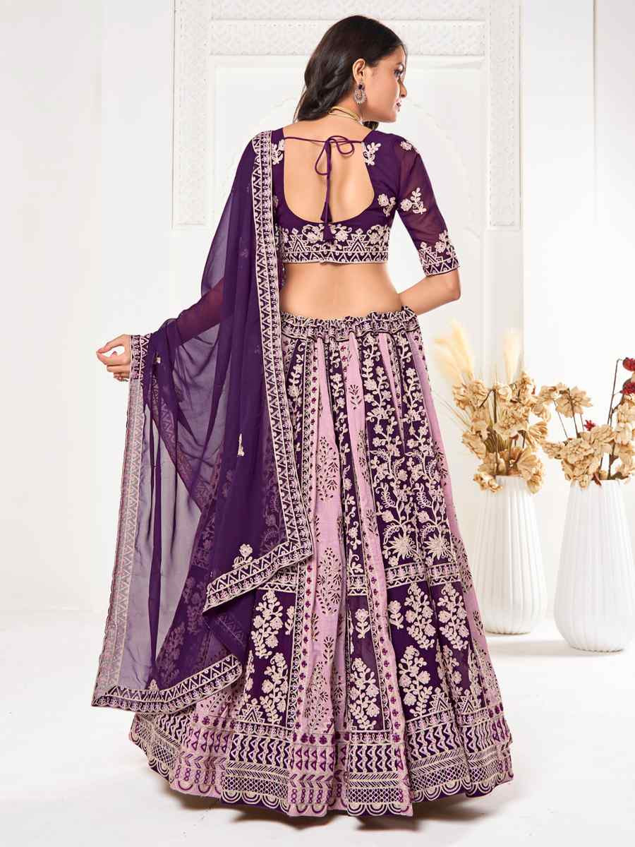 Purple Georgette Embroidered Wedding Party Wear Heavy Border Lehenga Choli