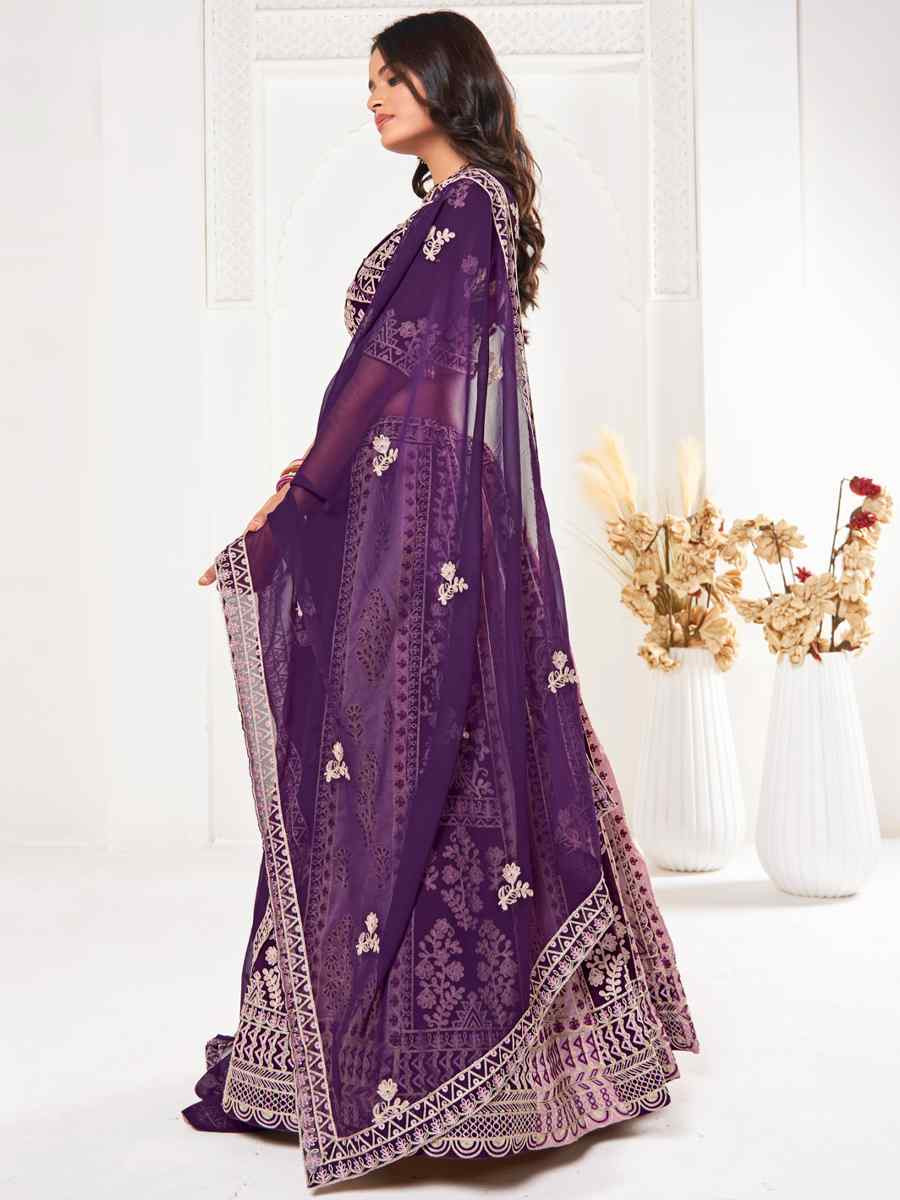 Purple Georgette Embroidered Wedding Party Wear Heavy Border Lehenga Choli